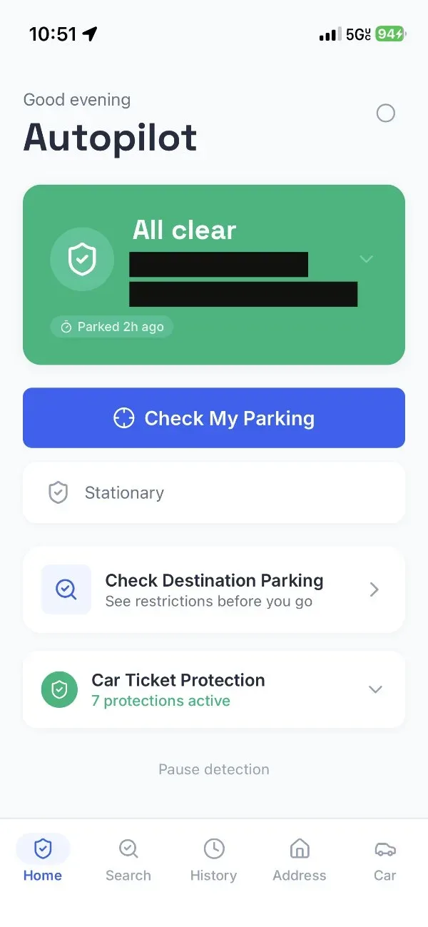 The Autopilot app home screen: All clear, parked 2 hours ago
