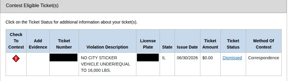 The City of Chicago's contest page showing the sticker ticket from step 2 as Dismissed, $0.00